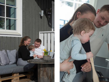 Todelt bilde av familie i huset sitt
